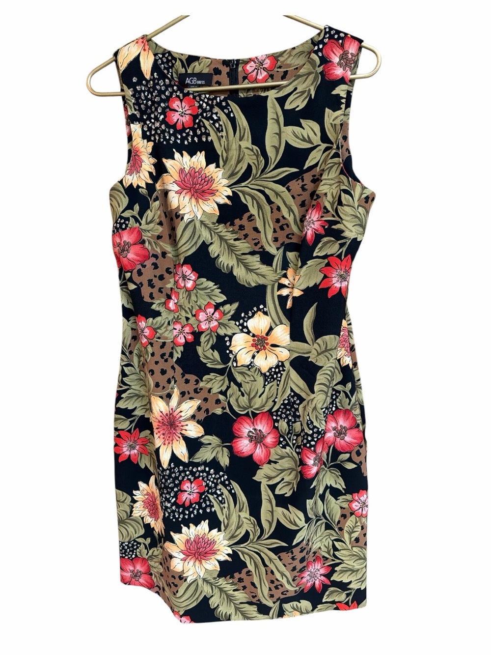 AGB Sleeveless Sheath Dress Bold Tropical Floral & Leopard Pattern Size 12